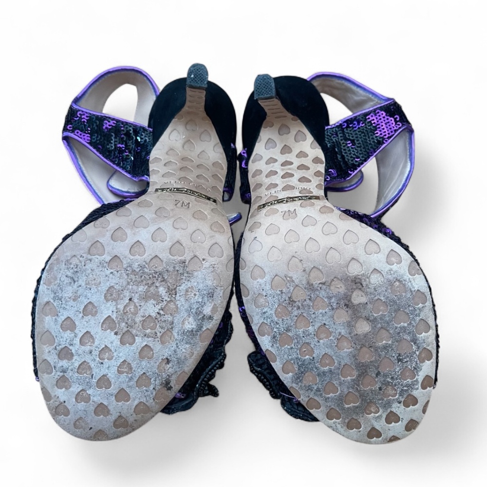 Betsey Johnson Purple & Black Sequin Beaded Flower Heels Sz 7M - Picture 7 of 10